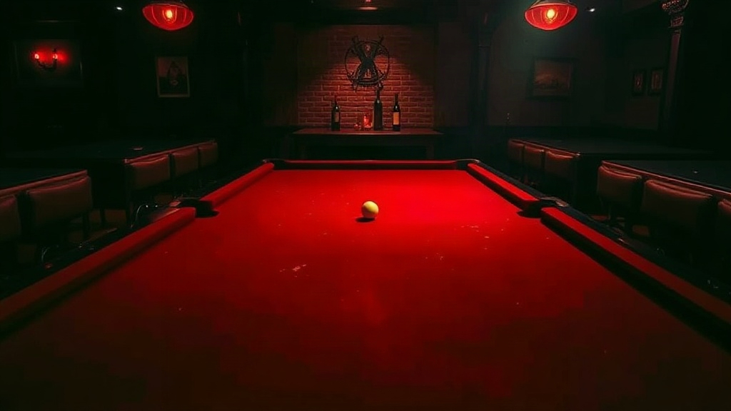 Burgundy billiards table with a crimson aiming line