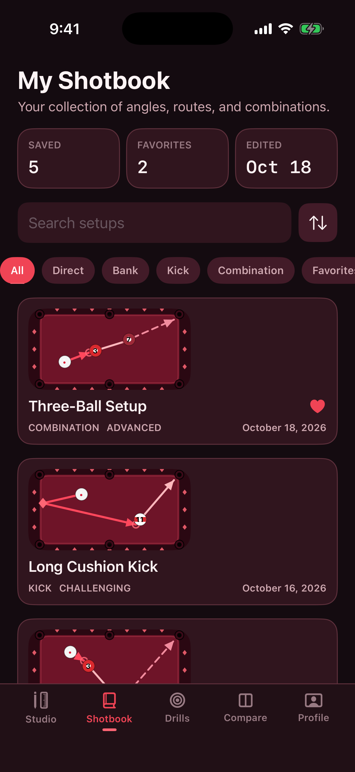 Saved billiards setups in the shotbook